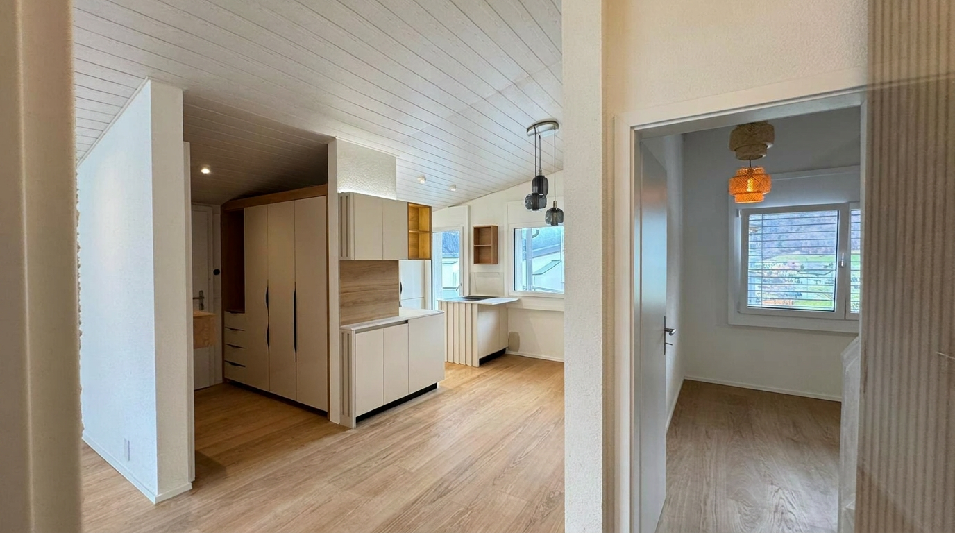 Vue d'ensemble cuisine Calacatta avec rangements bois